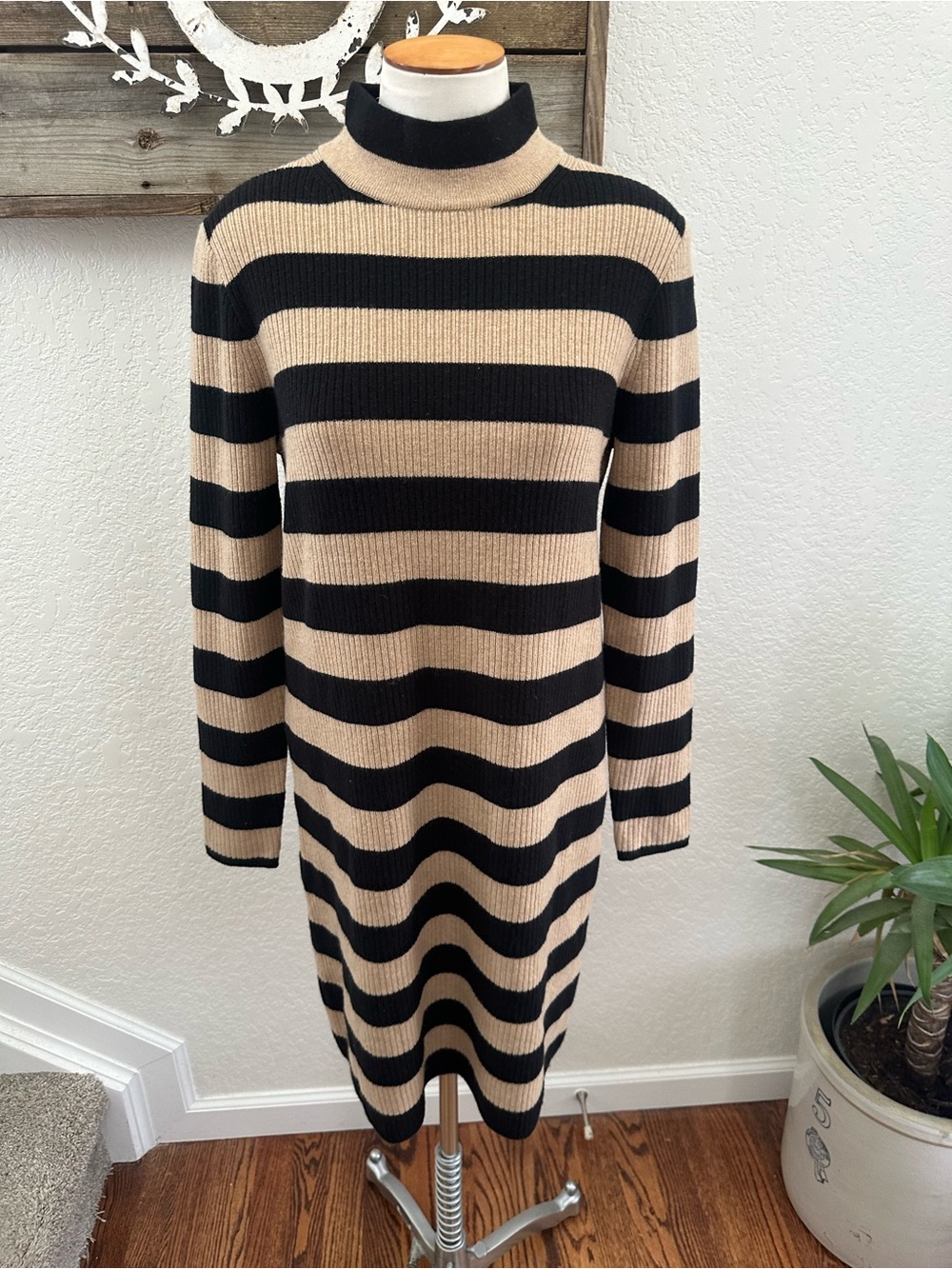 J. Crew tan and black striped long sleeve sweater dress ladies M NWT